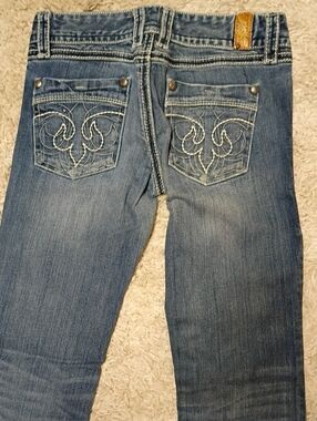 Maurices Medium Blue Straight Leg Jeans with Embroidered Back Pockets